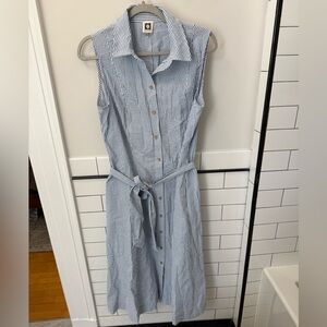 Anne Klein Blue and White Striped Sleeveless Shirt Midi Dress